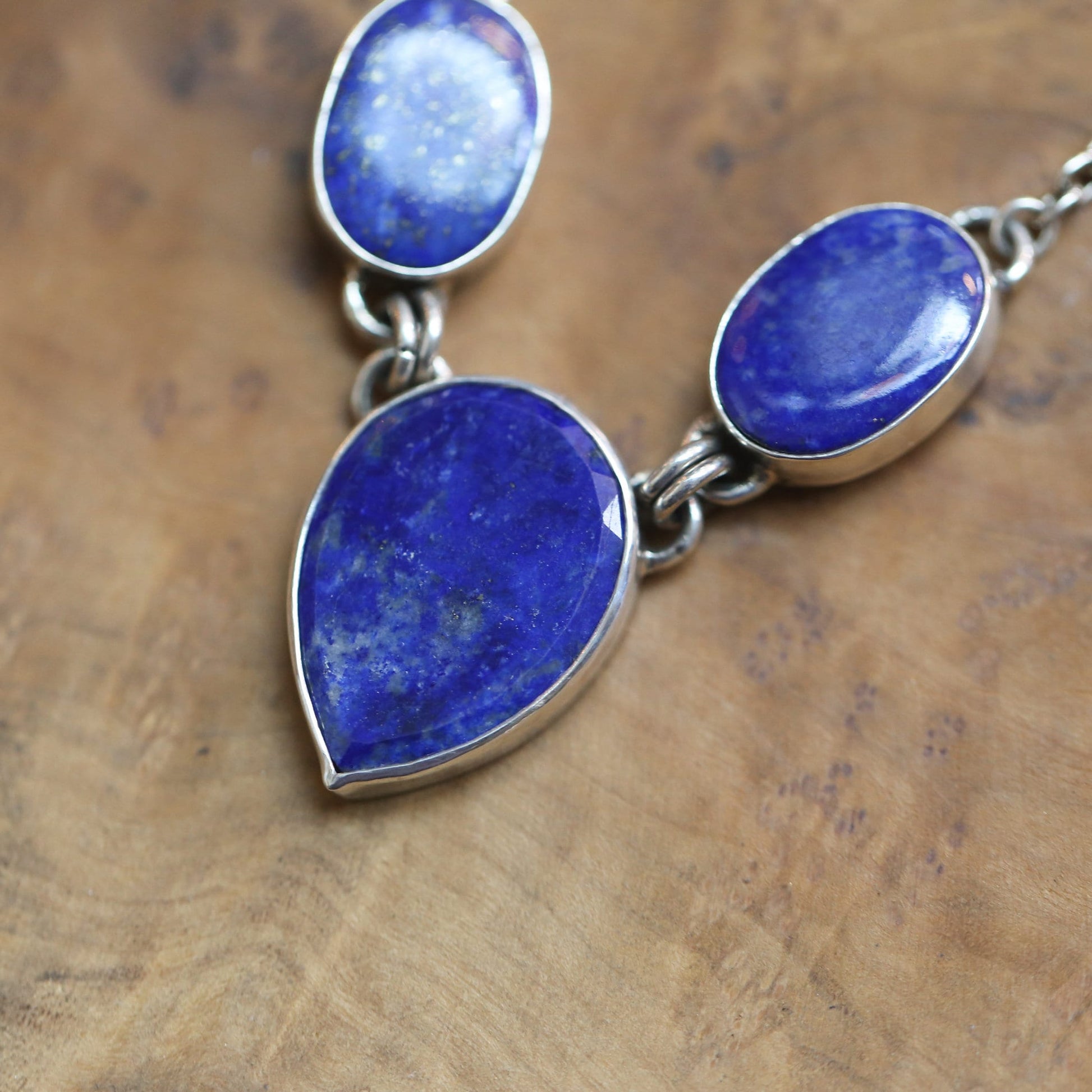 Blue Lapis Lazuli Sterling Silver 3-Stone Pendant Necklace