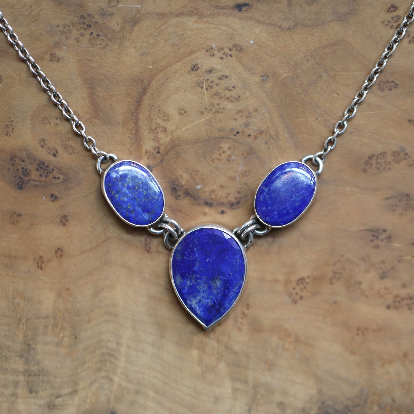 Blue Lapis Lazuli Sterling Silver 3-Stone Pendant Necklace
