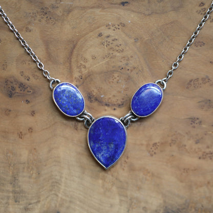 Blue Lapis Lazuli Sterling Silver 3-Stone Pendant Necklace