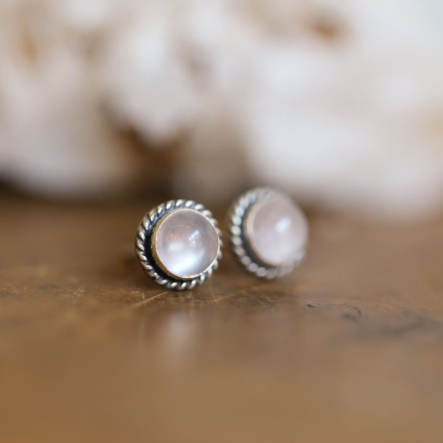 Rose Quartz Stud Earrings – Sterling Silver, Twist Wire Setting