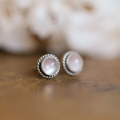 Rose Quartz Stud Earrings – Sterling Silver, Twist Wire Setting