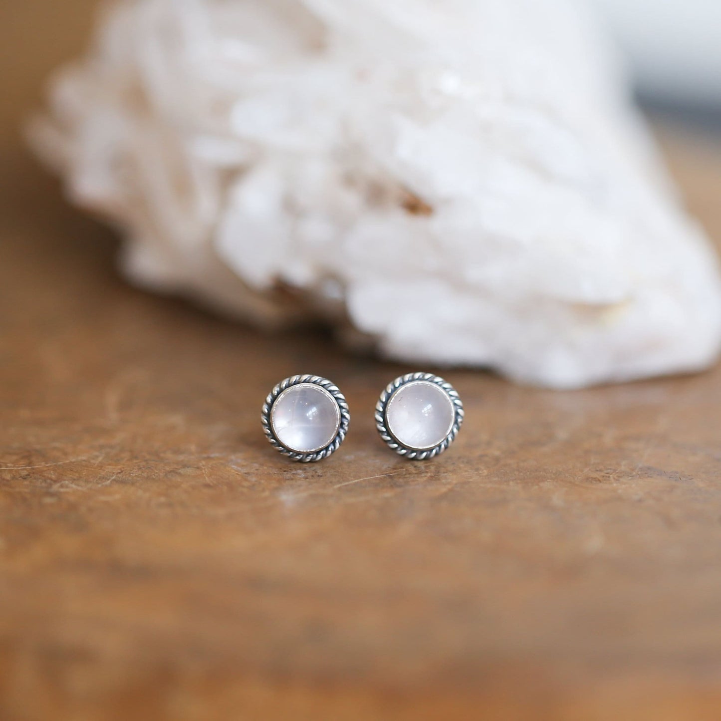 Rose Quartz Stud Earrings – Sterling Silver, Twist Wire Setting