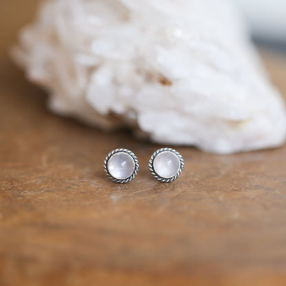 Rose Quartz Stud Earrings – Sterling Silver, Twist Wire Setting