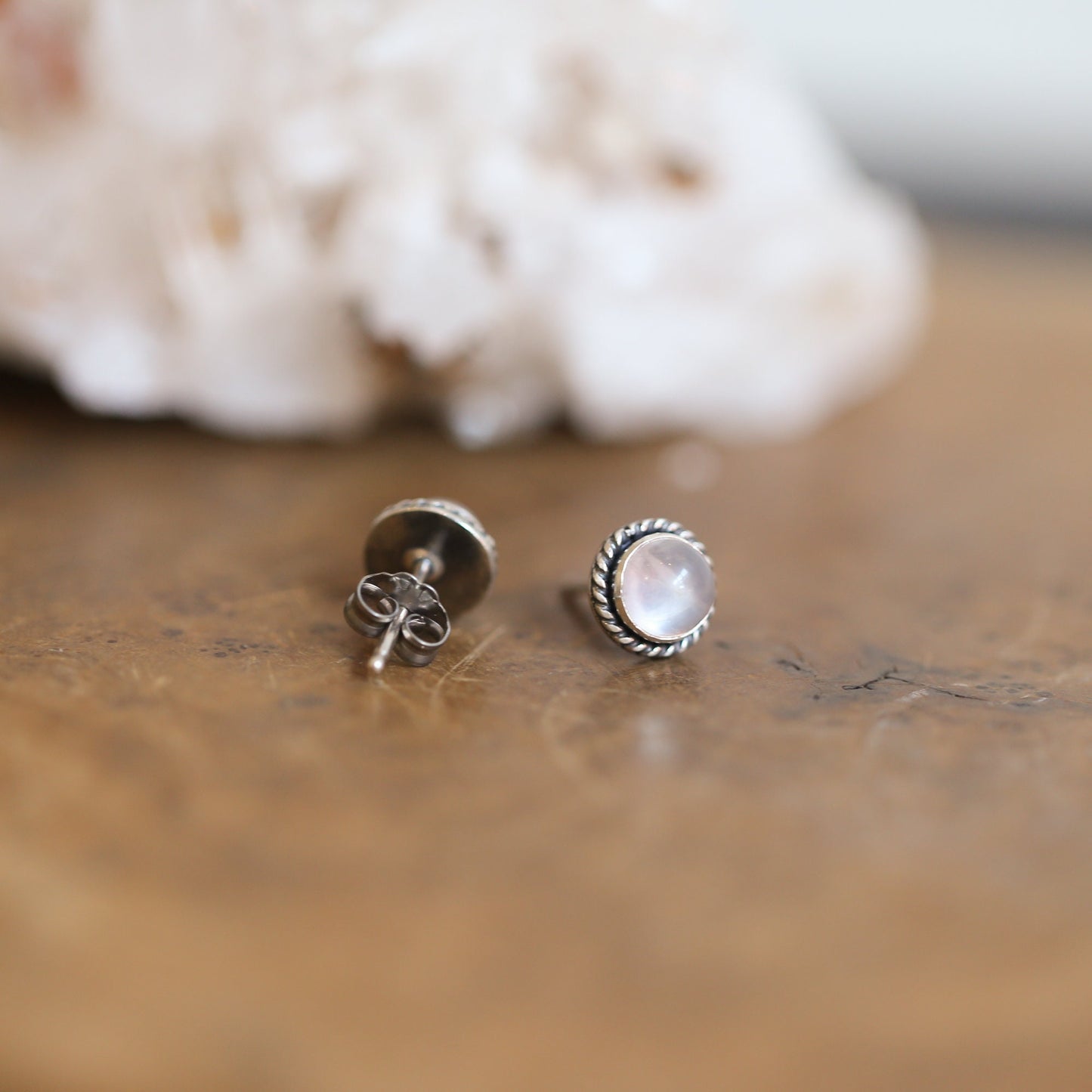 Rose Quartz Stud Earrings – Sterling Silver, Twist Wire Setting
