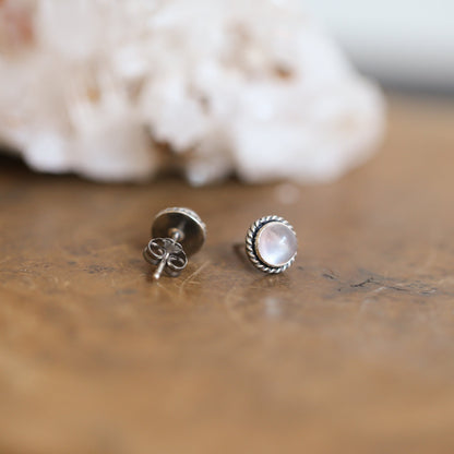 Rose Quartz Stud Earrings – Sterling Silver, Twist Wire Setting