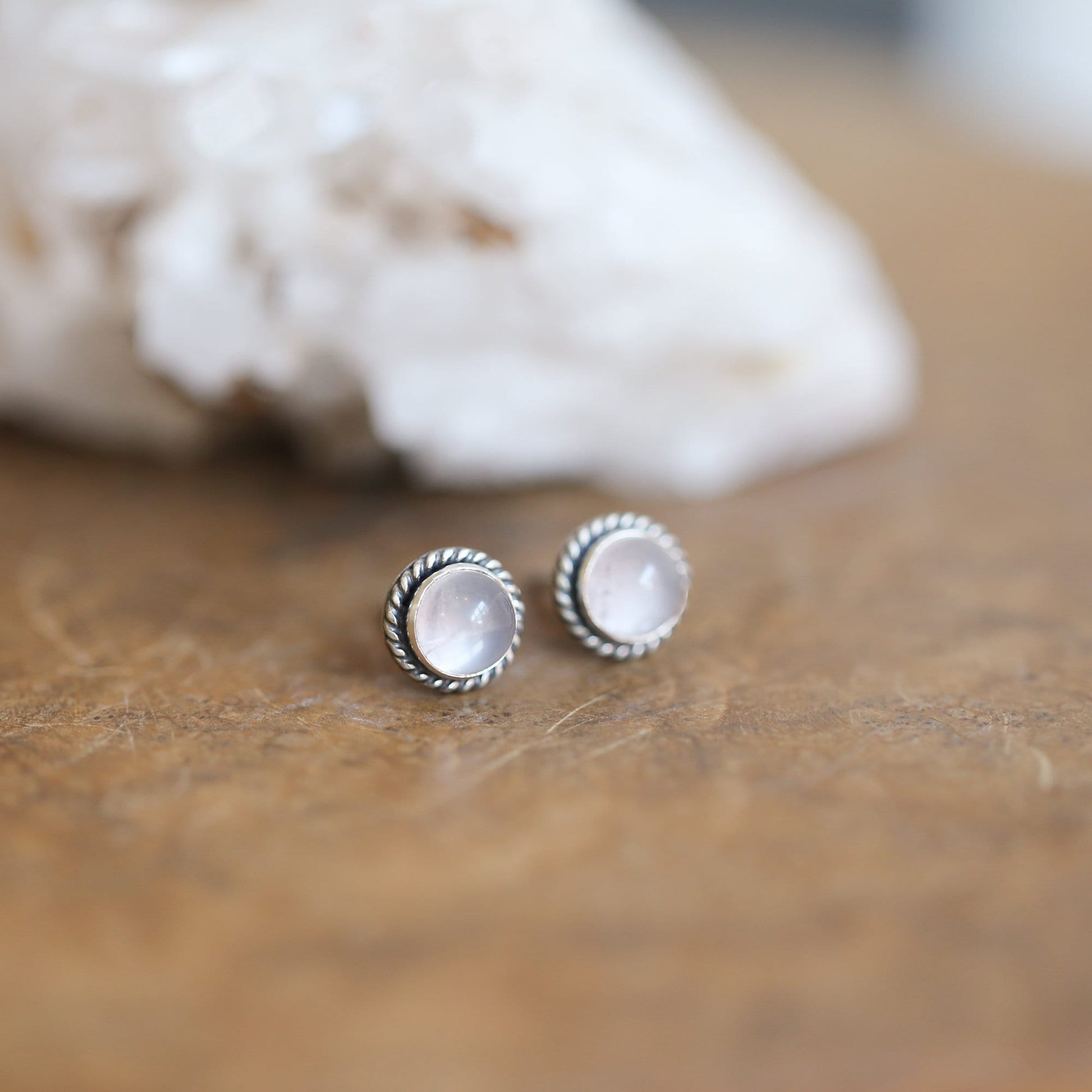 Rose Quartz Stud Earrings – Sterling Silver, Twist Wire Setting