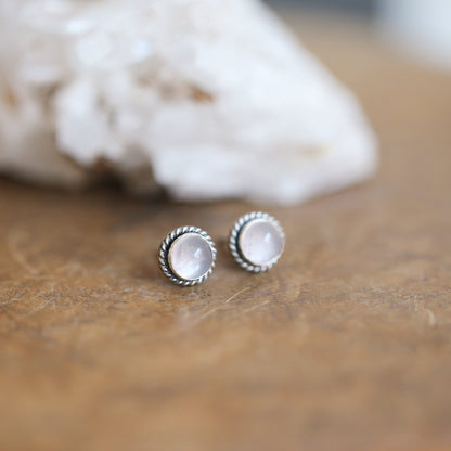 Rose Quartz Stud Earrings – Sterling Silver, Twist Wire Setting