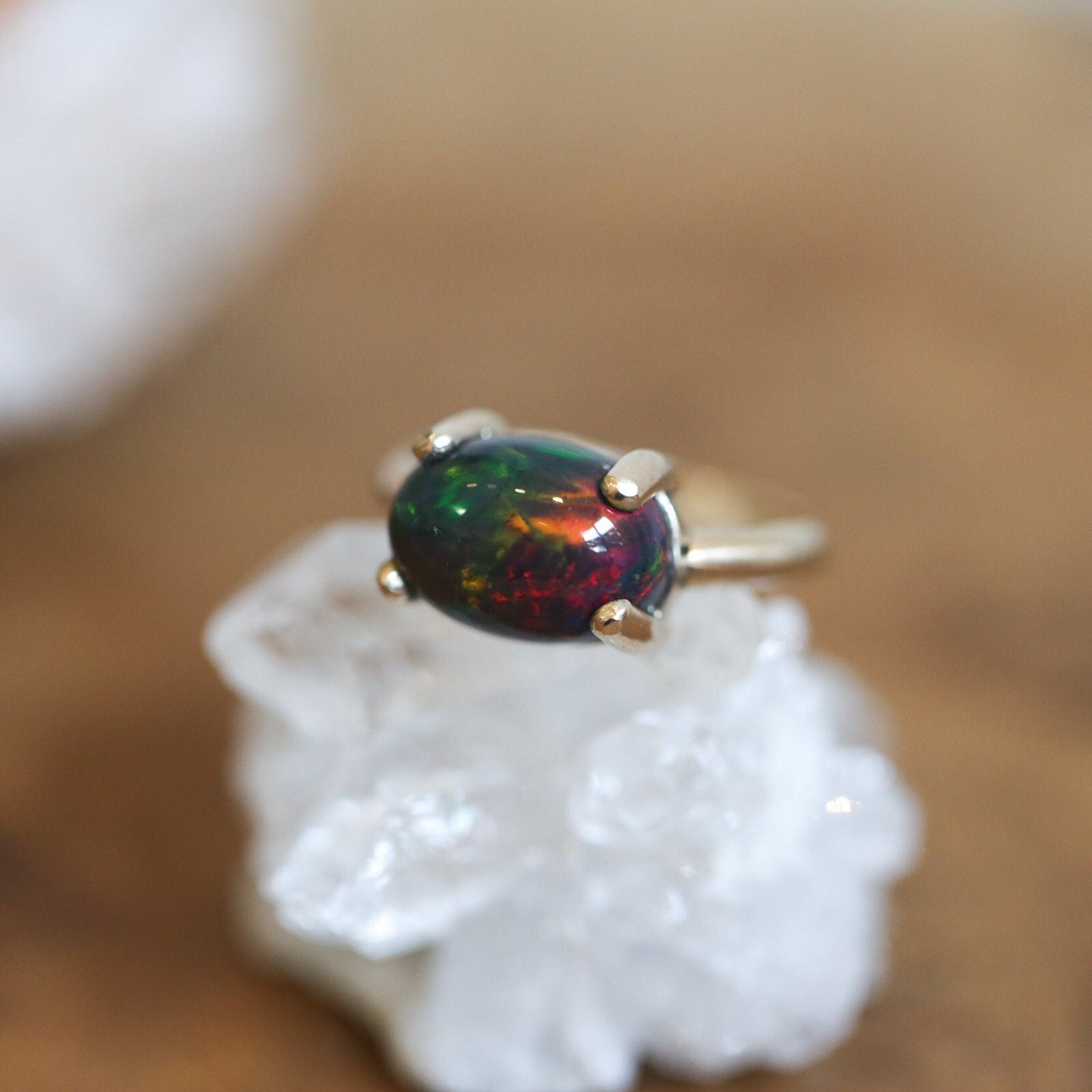 Opal Ring - Solid 14K Gold Ethiopian Opal Ring - Gold Prong Ring