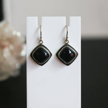 Black Agate .925 Sterling Silver Drop Earrings – Minimalist Design