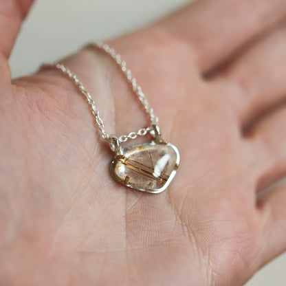 Copper Rutilated Quartz Pendant – Sterling Silver Necklace, Gold Detail