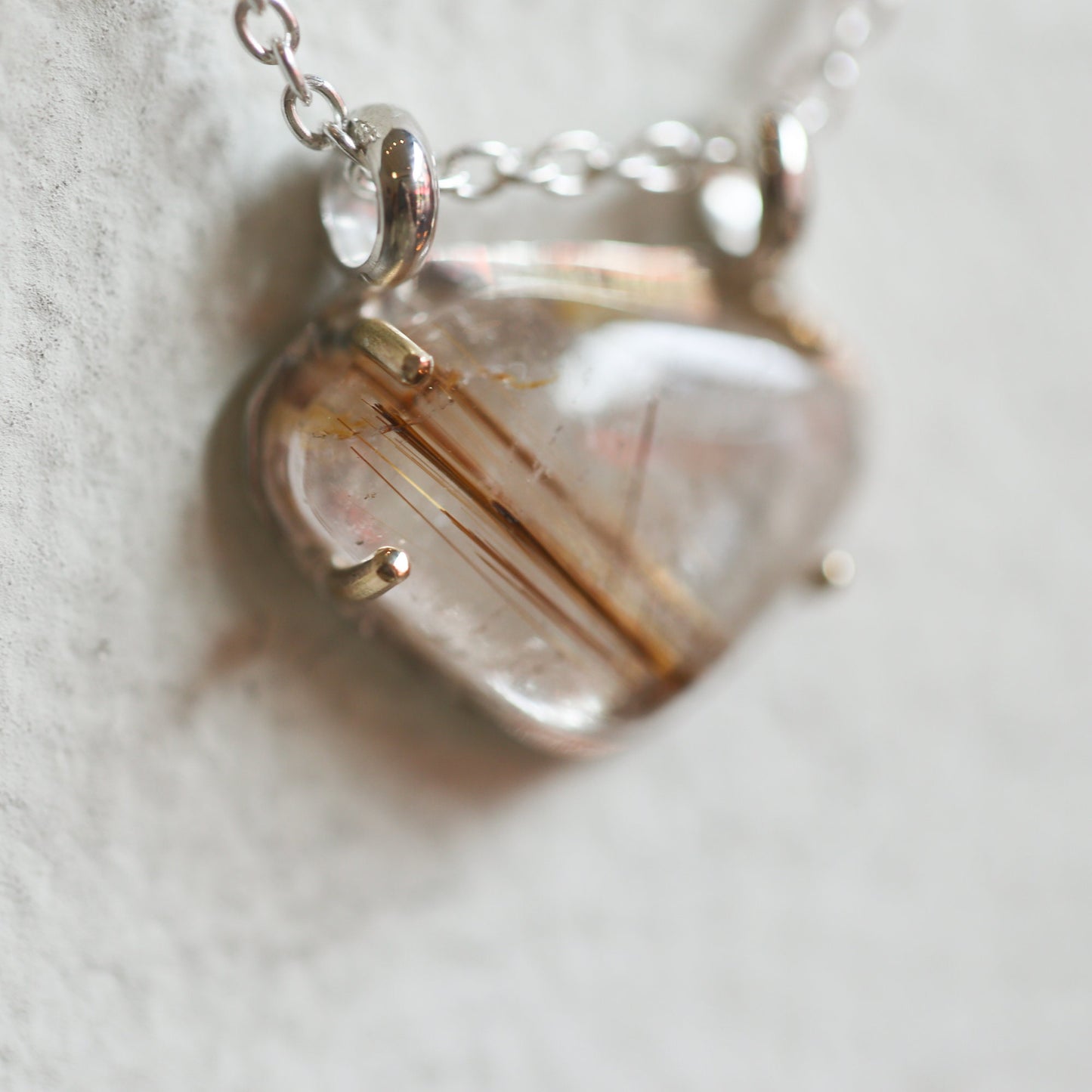 Copper Rutilated Quartz Pendant – Sterling Silver Necklace, Gold Detail