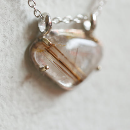 Copper Rutilated Quartz Pendant – Sterling Silver Necklace, Gold Detail