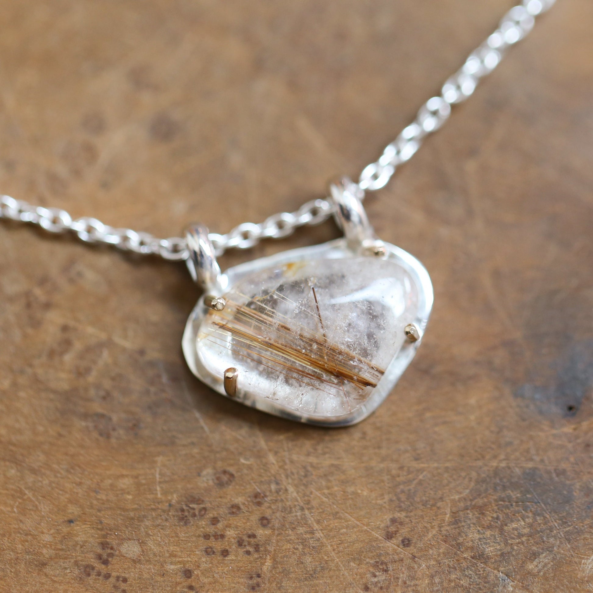 Copper Rutilated Quartz Pendant – Sterling Silver Necklace, Gold Detail