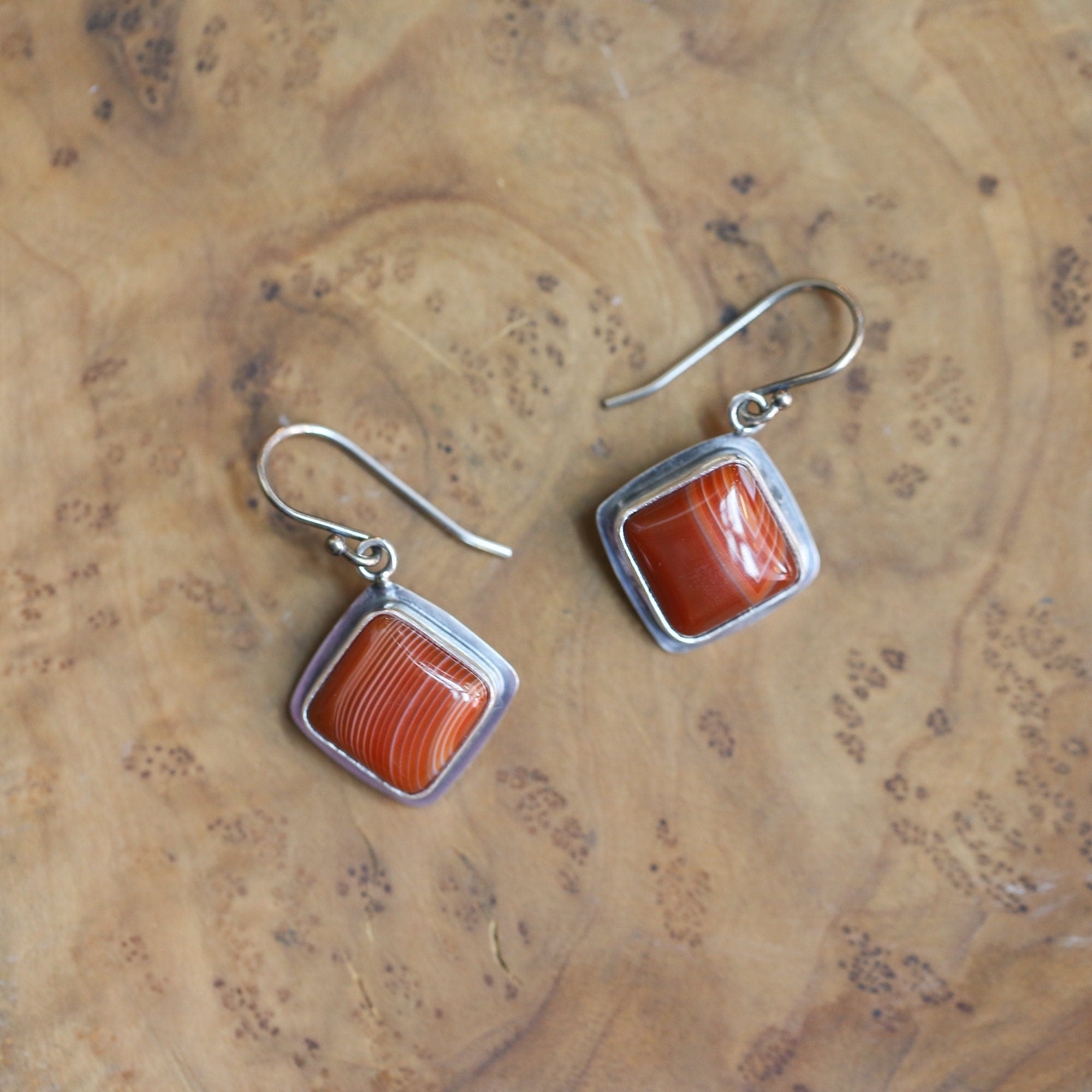 Banded Red Agate Drop Earrings - Red Agate with line Earrings - Silversmith Drop Earrings