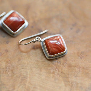 Banded Red Agate Drop Earrings - Red Agate with line Earrings - Silversmith Drop Earrings
