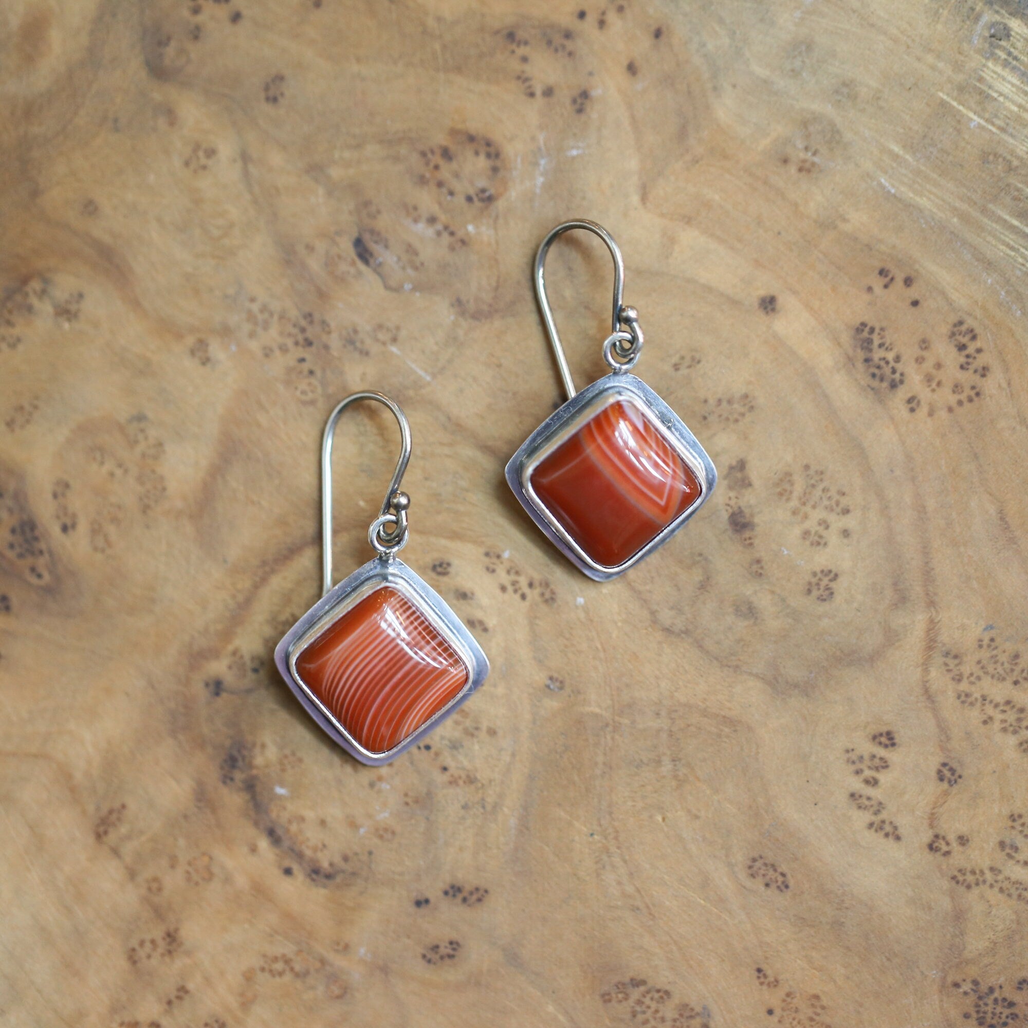 Banded Red Agate Drop Earrings - Red Agate with line Earrings - Silversmith Drop Earrings