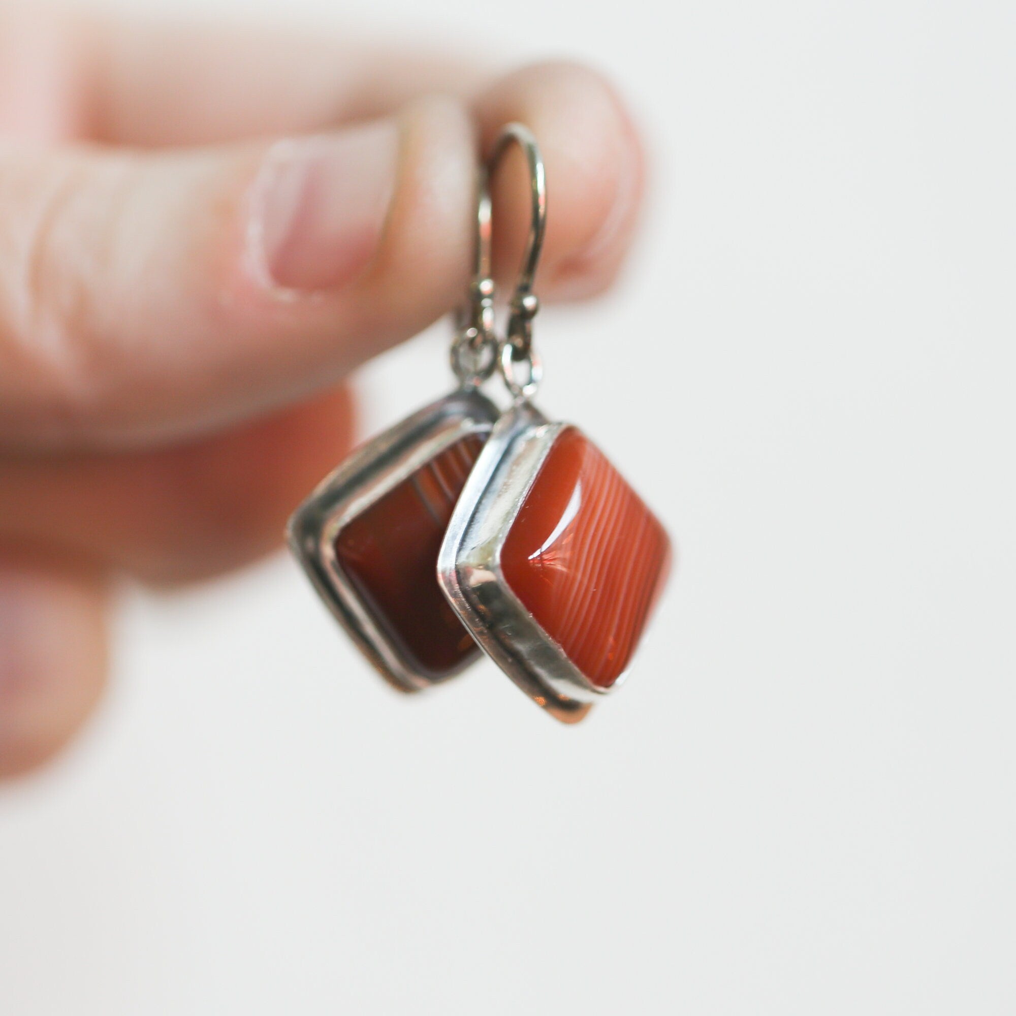Banded Red Agate Drop Earrings - Red Agate with line Earrings - Silversmith Drop Earrings