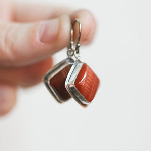 Banded Red Agate Drop Earrings - Red Agate with line Earrings - Silversmith Drop Earrings