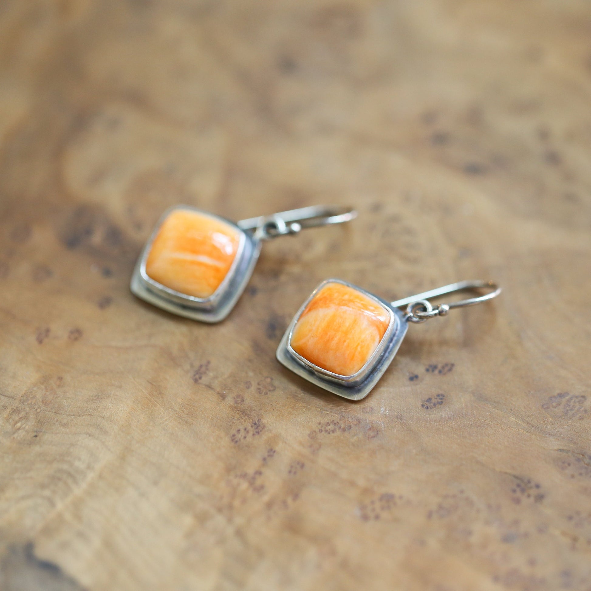 Sterling Silver Spiny Oyster Earrings - Orange Red Shell Dangles