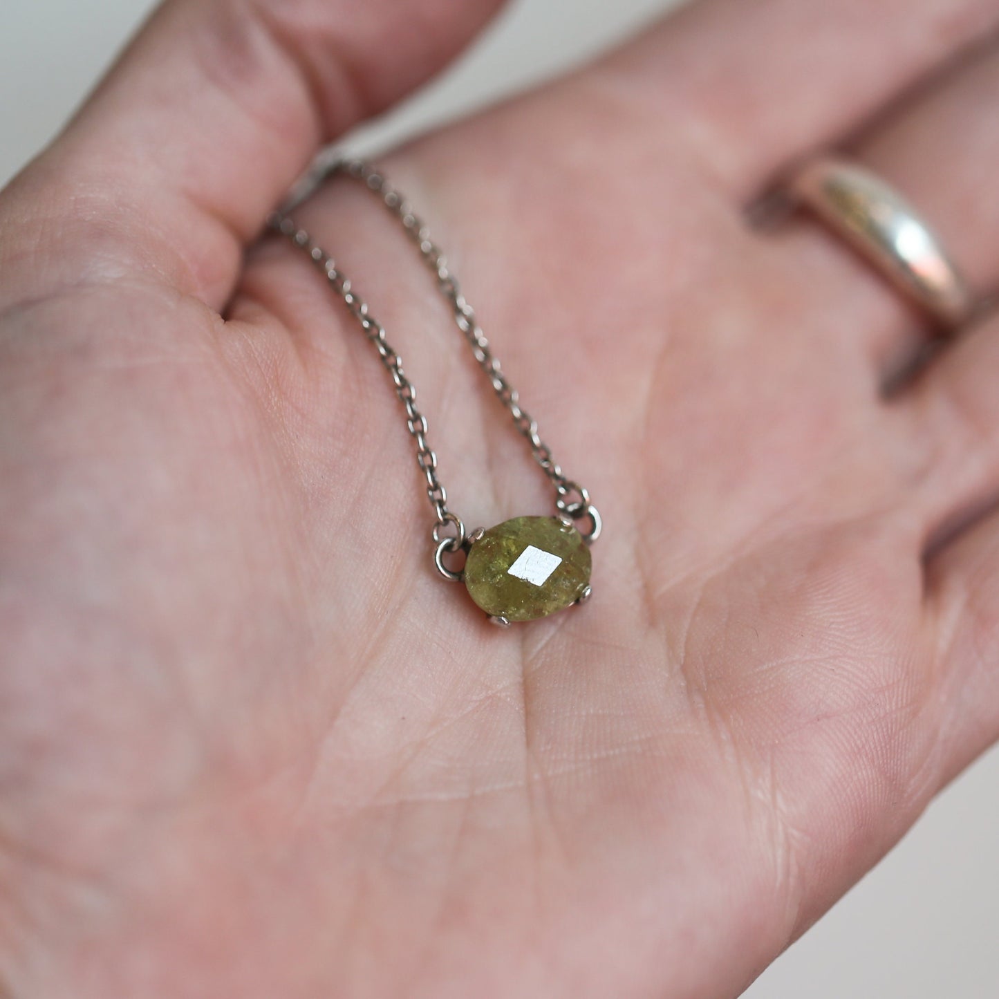 Green Garnet Necklace - Faceted Rose Cut Pendant - .925 Sterling Silver