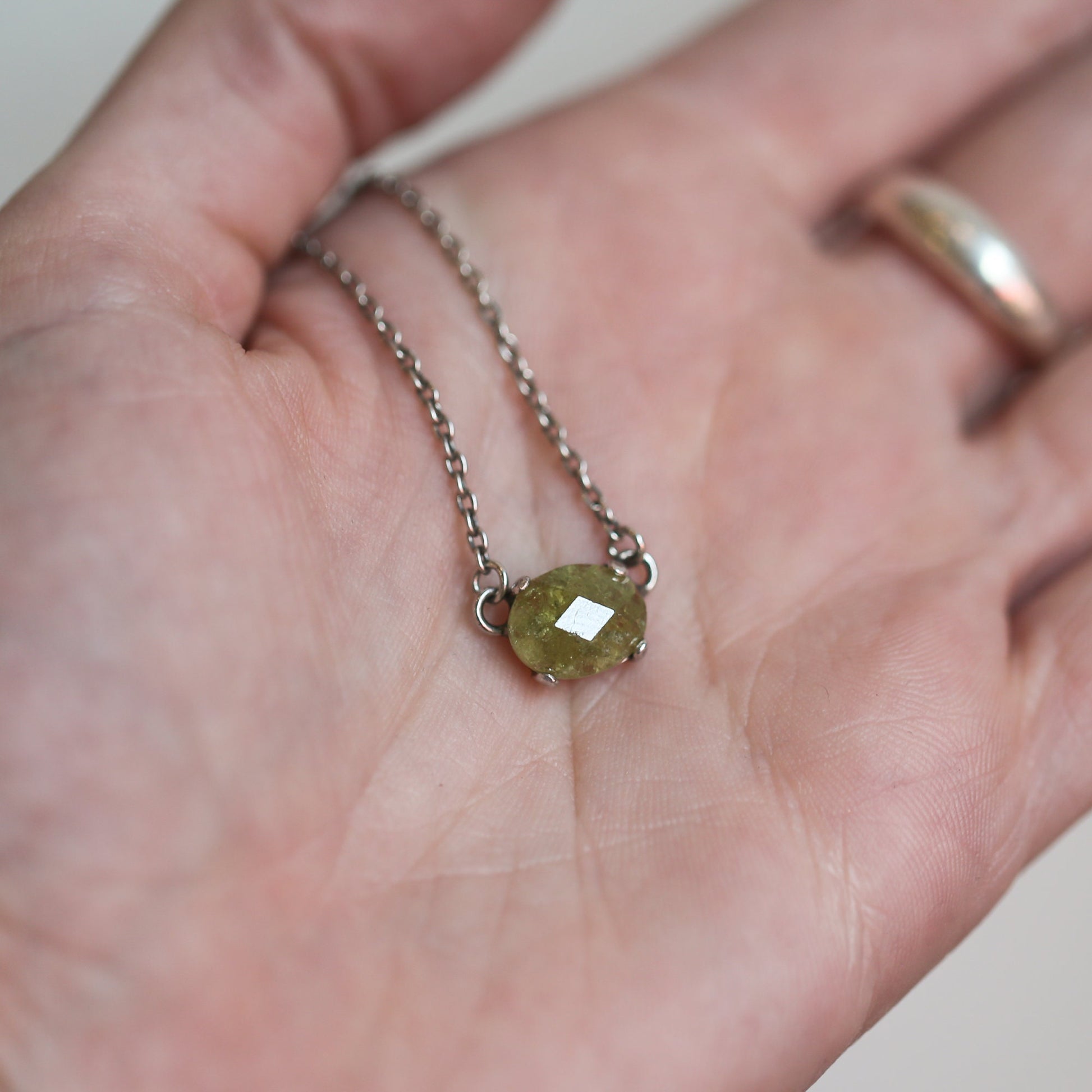 Green Garnet Necklace - Faceted Rose Cut Pendant - .925 Sterling Silver