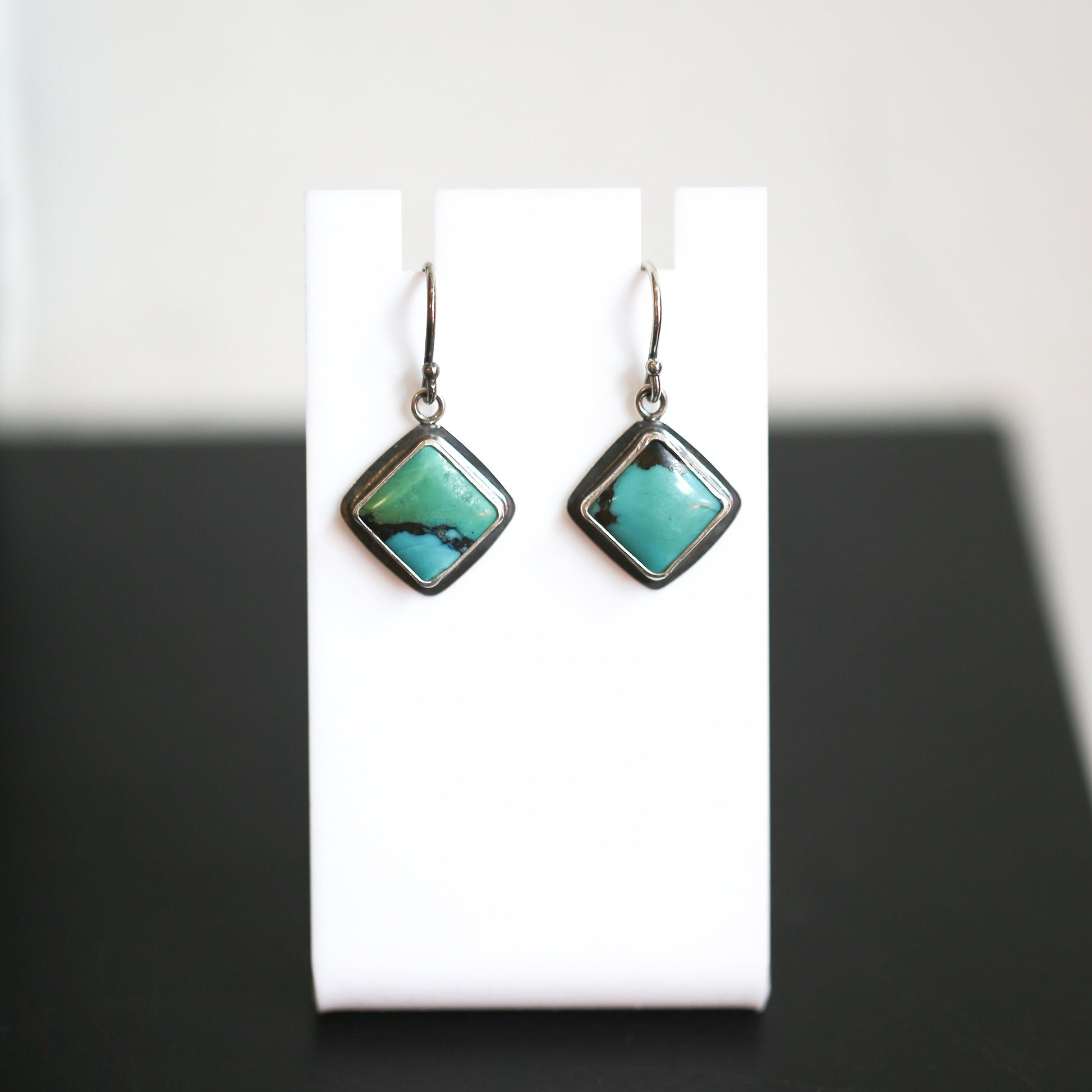 American Turquoise .925 Sterling Silver Dangle Earrings – Square Stone