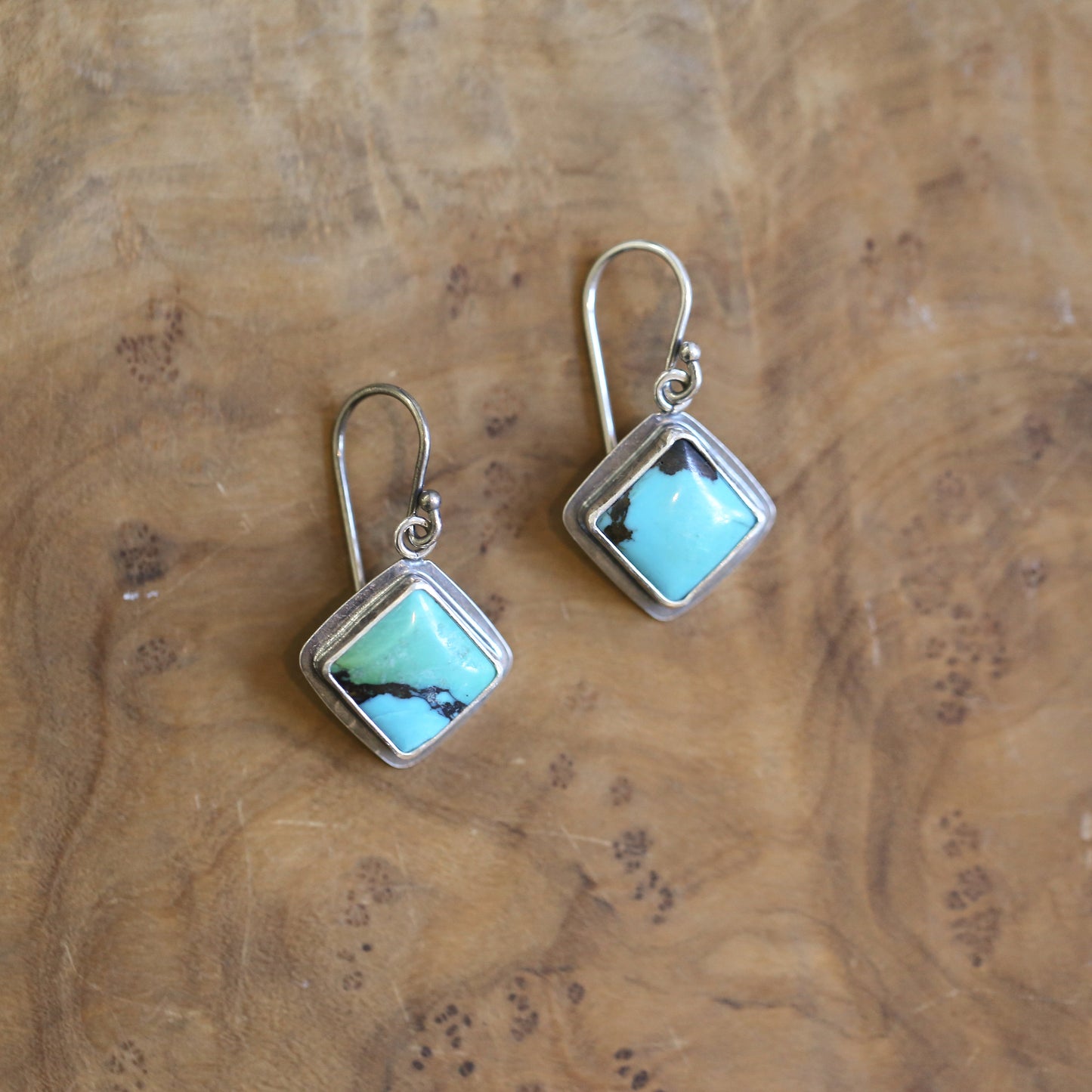 American Turquoise .925 Sterling Silver Dangle Earrings – Square Stone