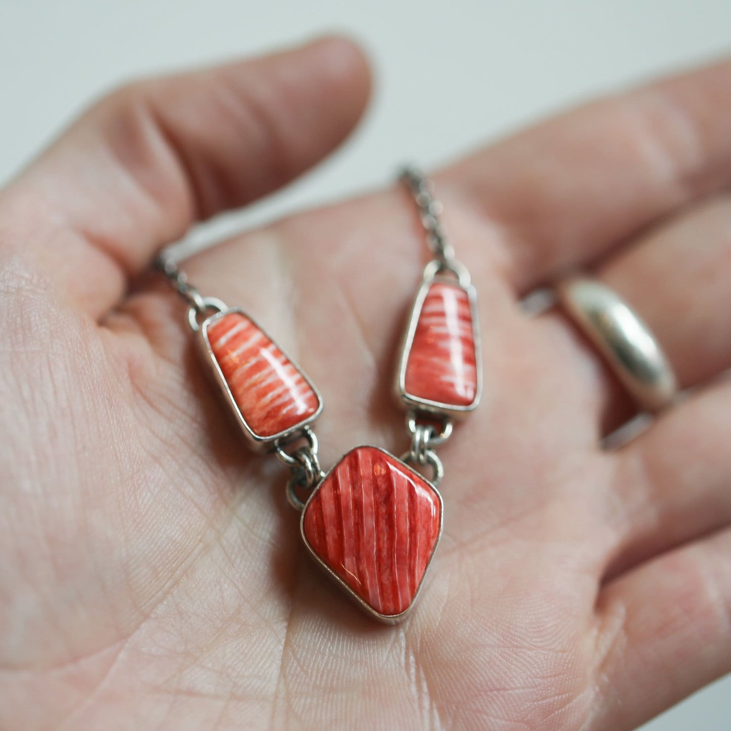 Spiny Oyster Shell 3 Stone Necklace - One Of A Kind - .925 Sterling Silver