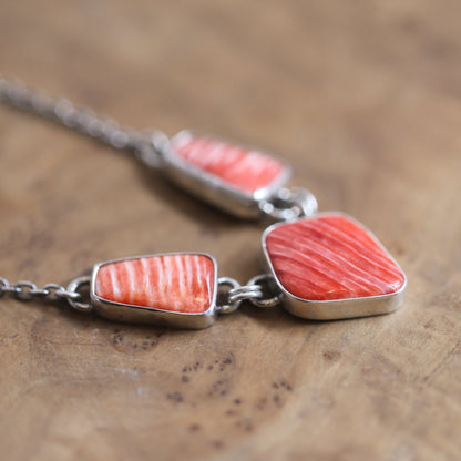 Spiny Oyster Shell 3 Stone Necklace - One Of A Kind - .925 Sterling Silver