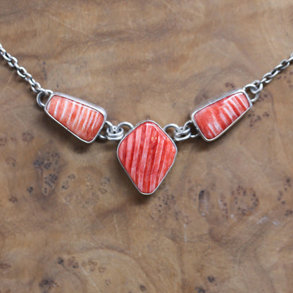 Spiny Oyster Shell 3 Stone Necklace - One Of A Kind - .925 Sterling Silver