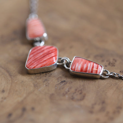 Spiny Oyster Shell 3 Stone Necklace - One Of A Kind - .925 Sterling Silver