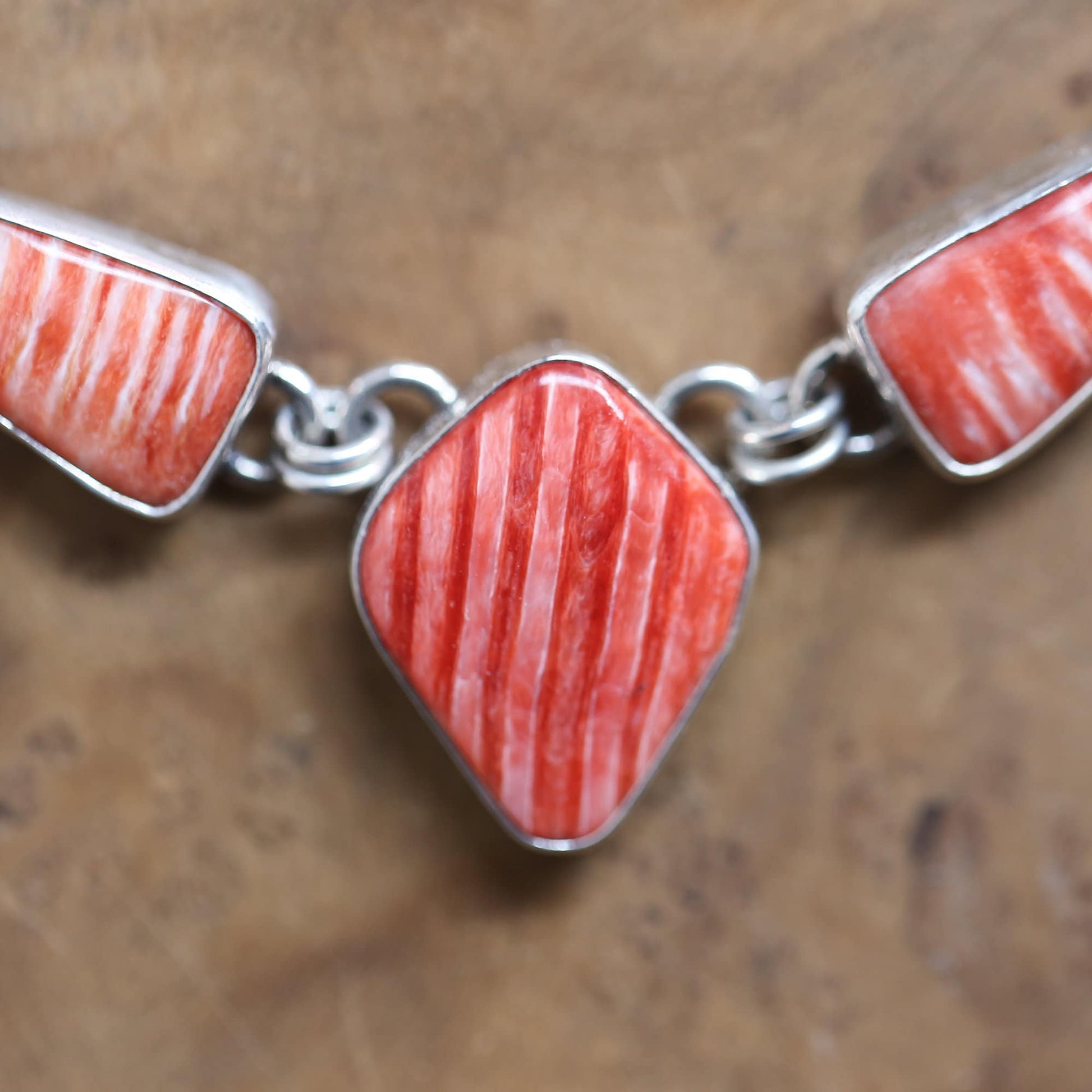 Spiny Oyster Shell 3 Stone Necklace - One Of A Kind - .925 Sterling Silver