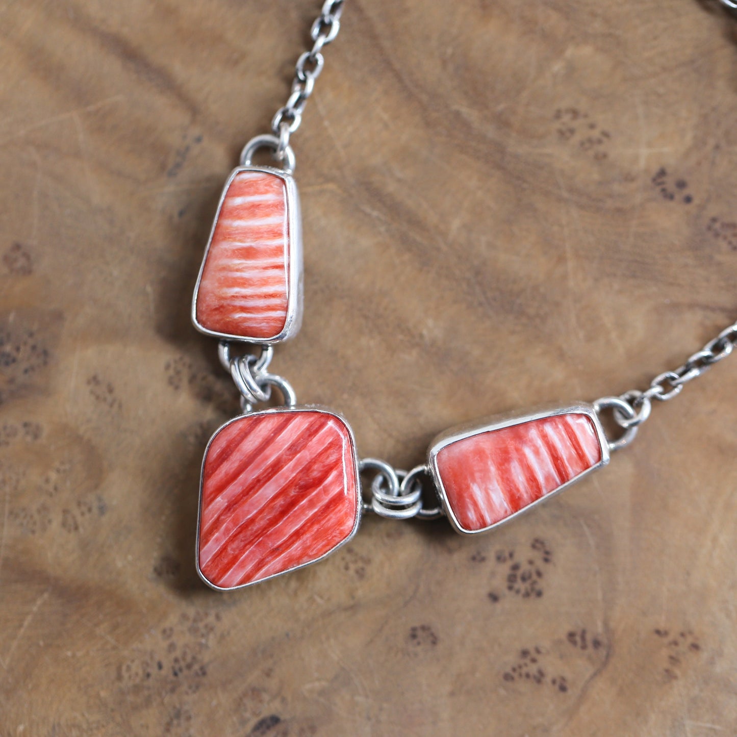Spiny Oyster Shell 3 Stone Necklace - One Of A Kind - .925 Sterling Silver