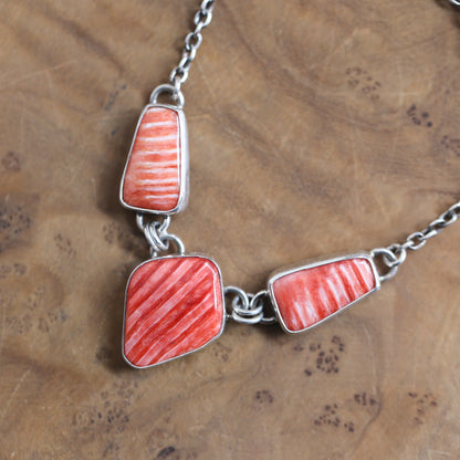 Spiny Oyster Shell 3 Stone Necklace - One Of A Kind - .925 Sterling Silver