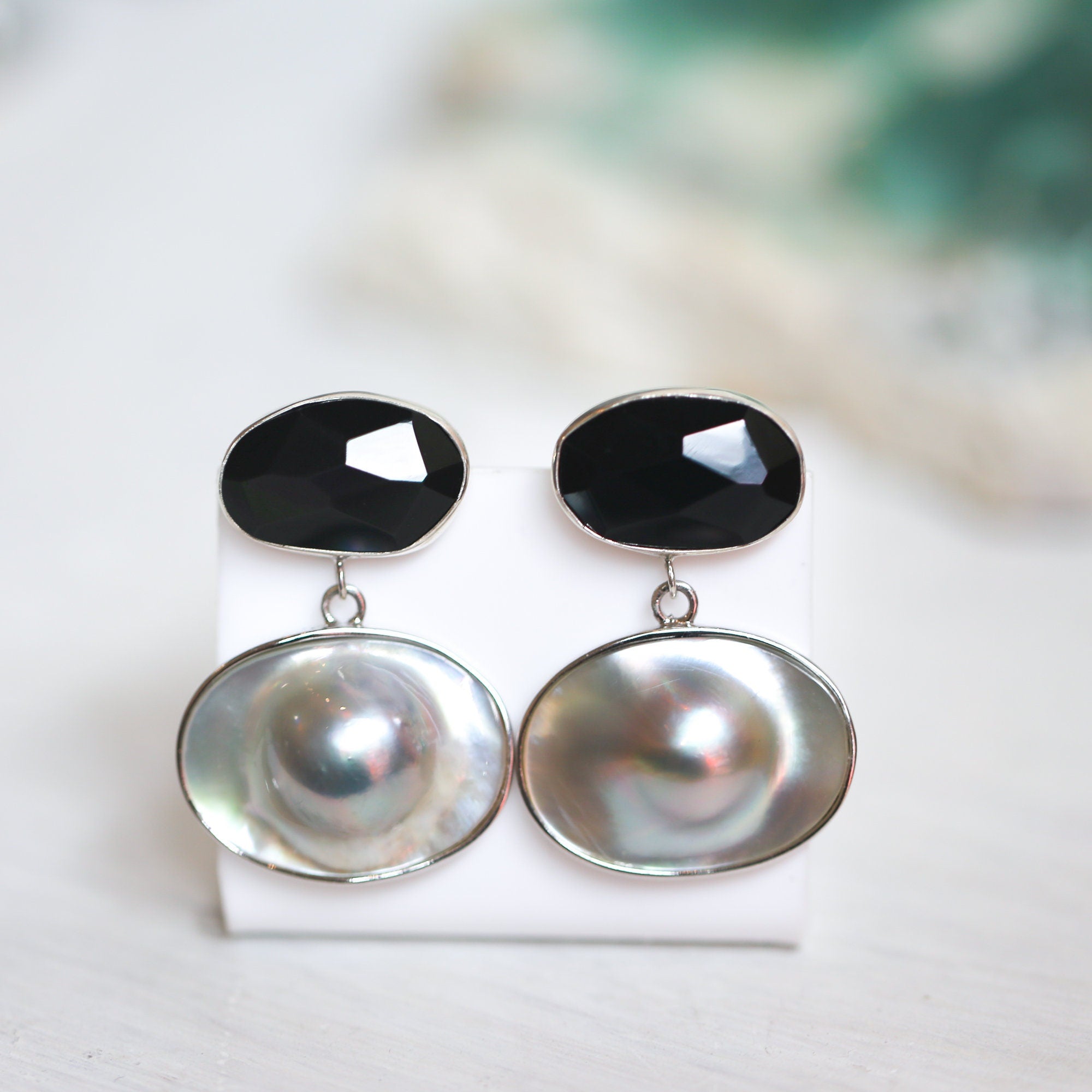 Rainbow Obsidian and Blister Pearl Earrings - Elegant Post Drops - Sterling Silver