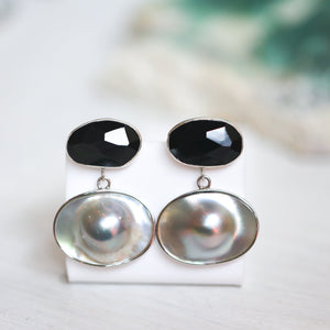 Rainbow Obsidian and Blister Pearl Earrings - Elegant Post Drops - Ready to Ship