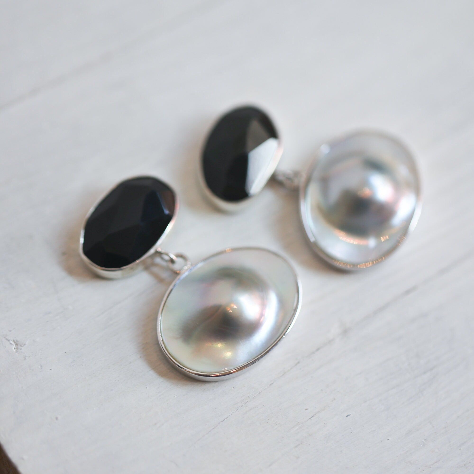 Rainbow Obsidian and Blister Pearl Earrings - Elegant Post Drops - Sterling Silver