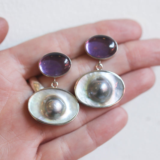Amethyst Blister Pearl Drop Earrings | Sterling Silver