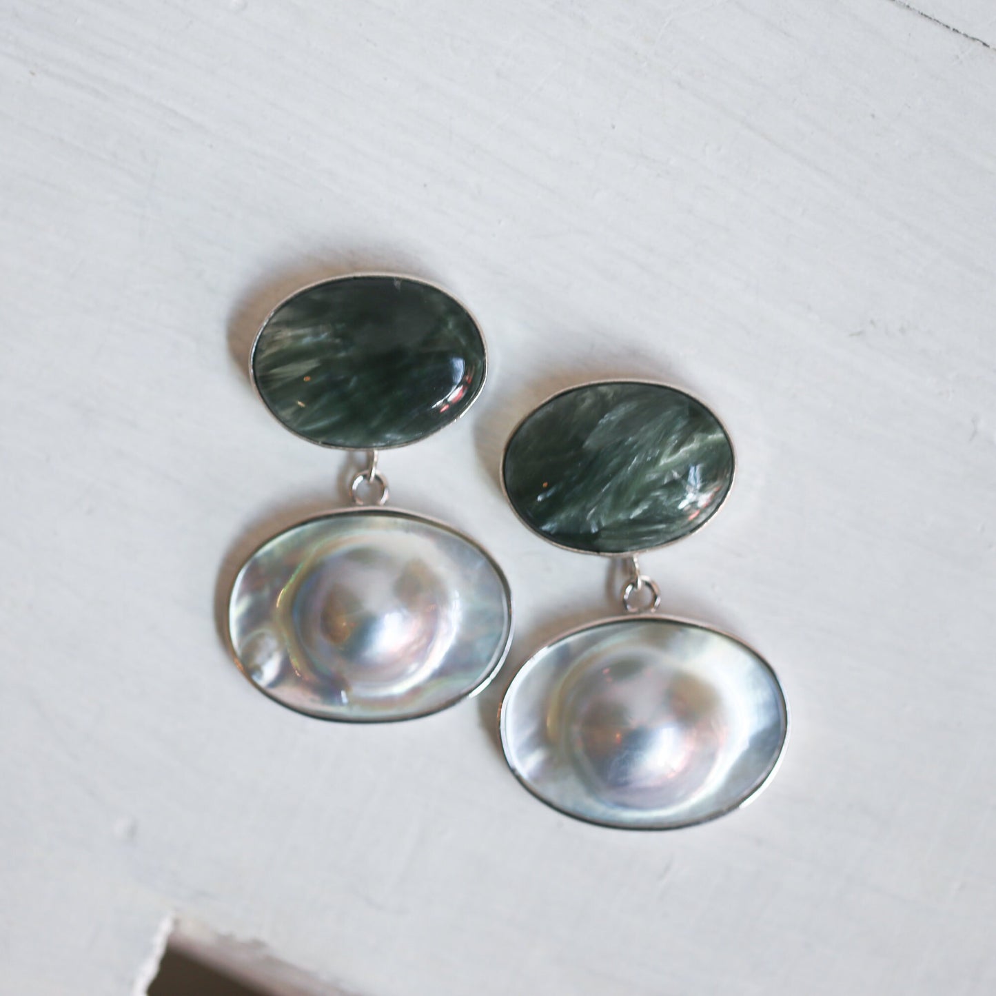 Handmade Seraphinite and Blister Pearl Sterling Silver Earrings