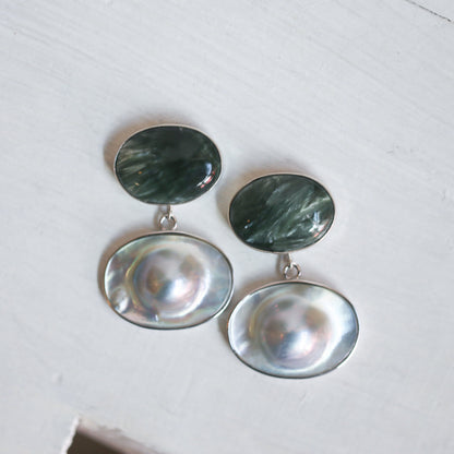 Handmade Seraphinite and Blister Pearl Sterling Silver Earrings