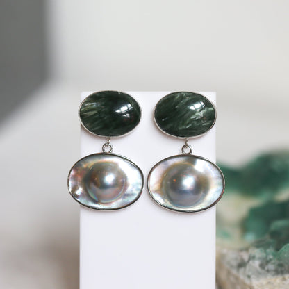 Handmade Seraphinite and Blister Pearl Sterling Silver Earrings