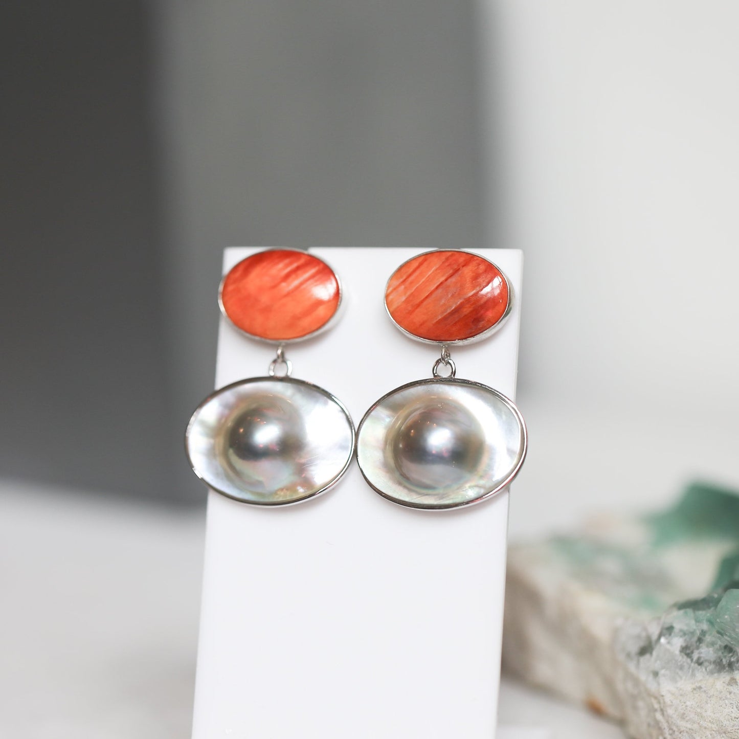 Sterling Silver Spiny Oyster and Blister Pearl Drop Earrings