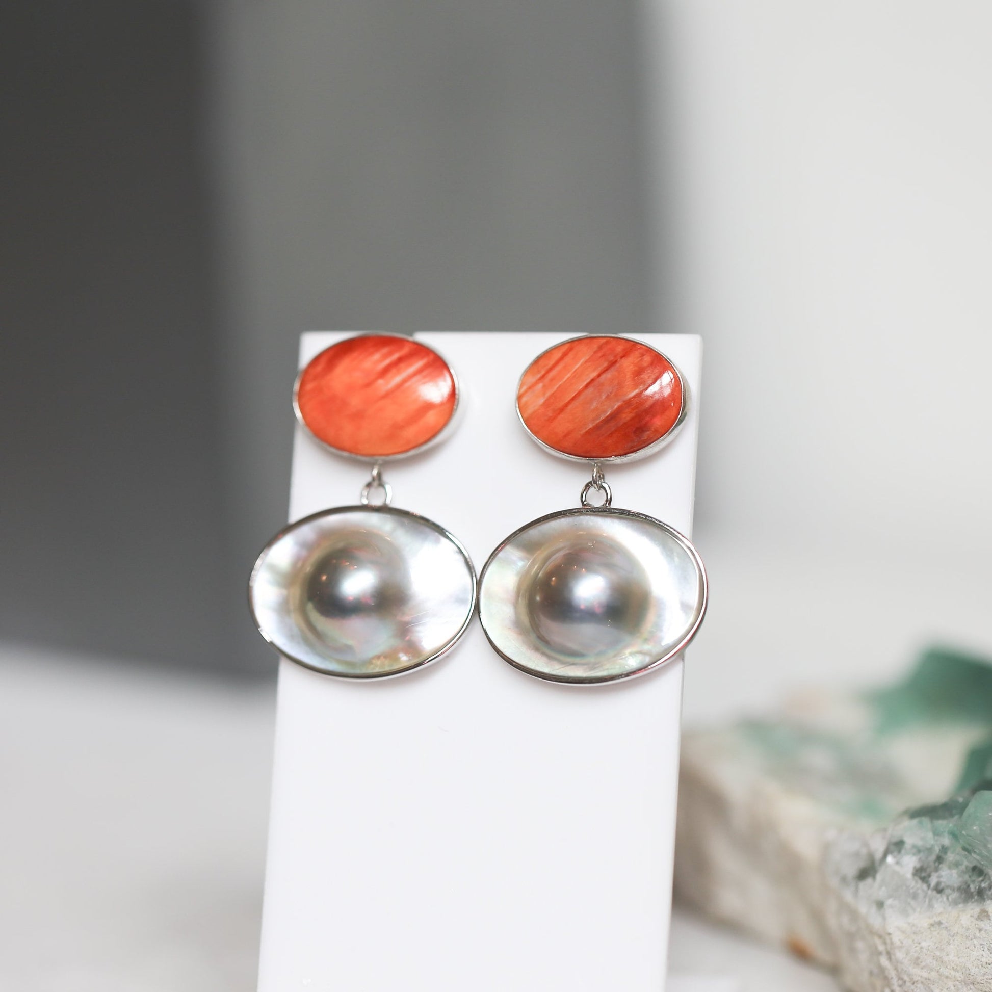 Sterling Silver Spiny Oyster and Blister Pearl Drop Earrings