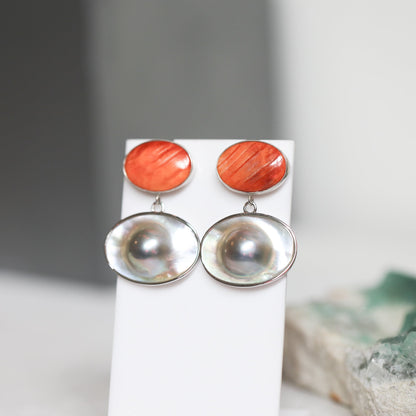 Sterling Silver Spiny Oyster and Blister Pearl Drop Earrings