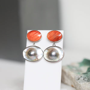 Sterling Silver Spiny Oyster and Blister Pearl Drop Earrings