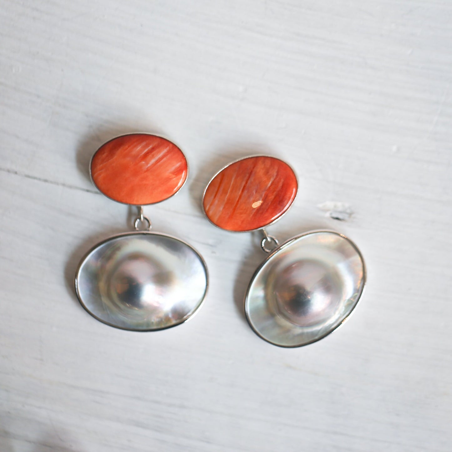 Sterling Silver Spiny Oyster and Blister Pearl Drop Earrings