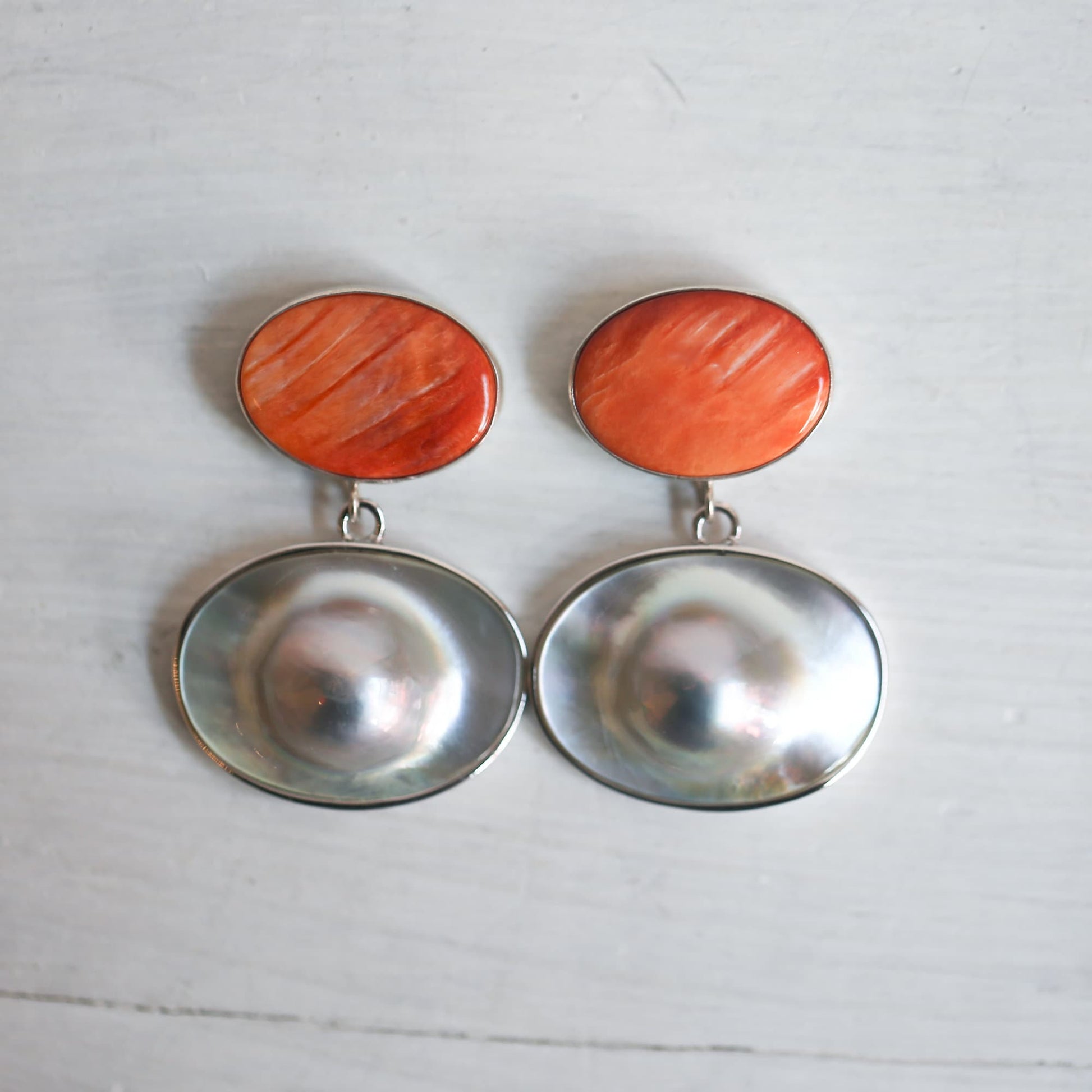 Sterling Silver Spiny Oyster and Blister Pearl Drop Earrings