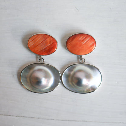 Sterling Silver Spiny Oyster and Blister Pearl Drop Earrings