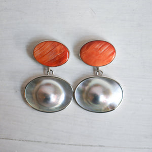 Sterling Silver Spiny Oyster and Blister Pearl Drop Earrings