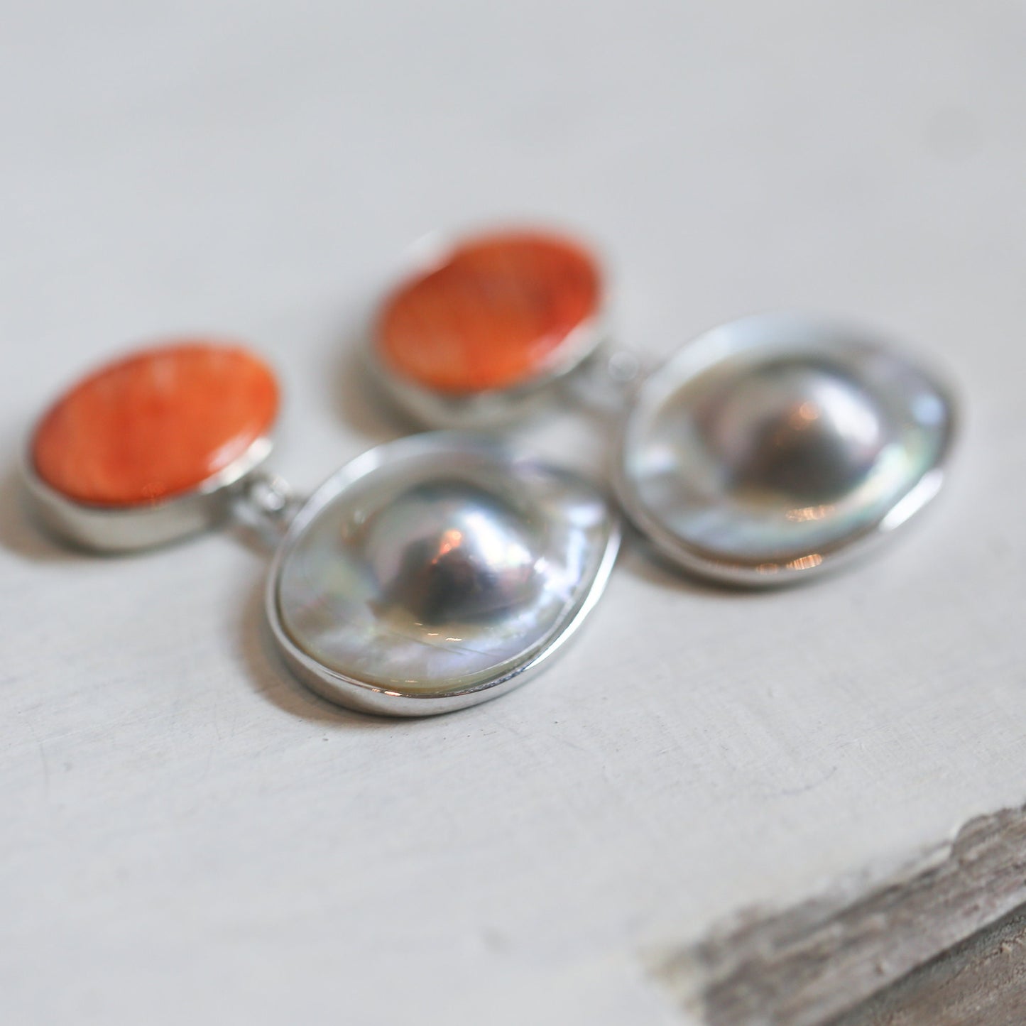 Sterling Silver Spiny Oyster and Blister Pearl Drop Earrings